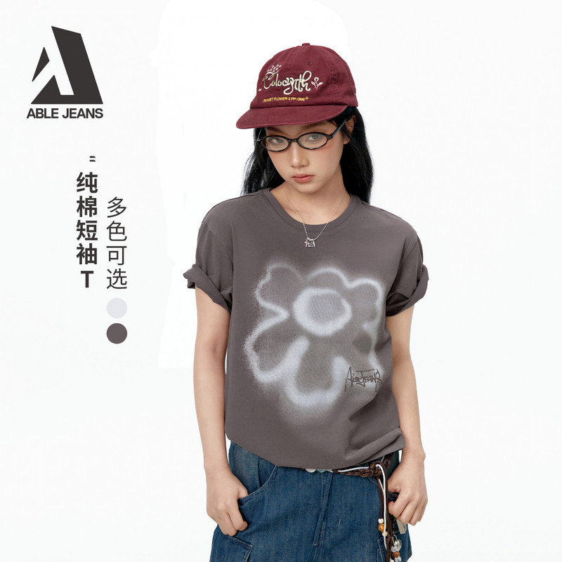 ABLEJEANS 26夏季女士新款休闲风印花纯棉水洗圆领短袖T恤复古风