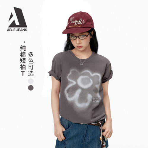 夏季女士休闲风印花水洗短袖T恤