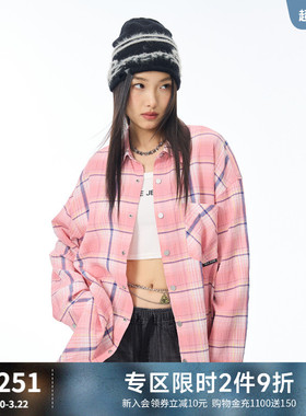 ABLE JEANS新款女士春夏轻薄格纹复古潮流街头休闲舒适logo衬衫