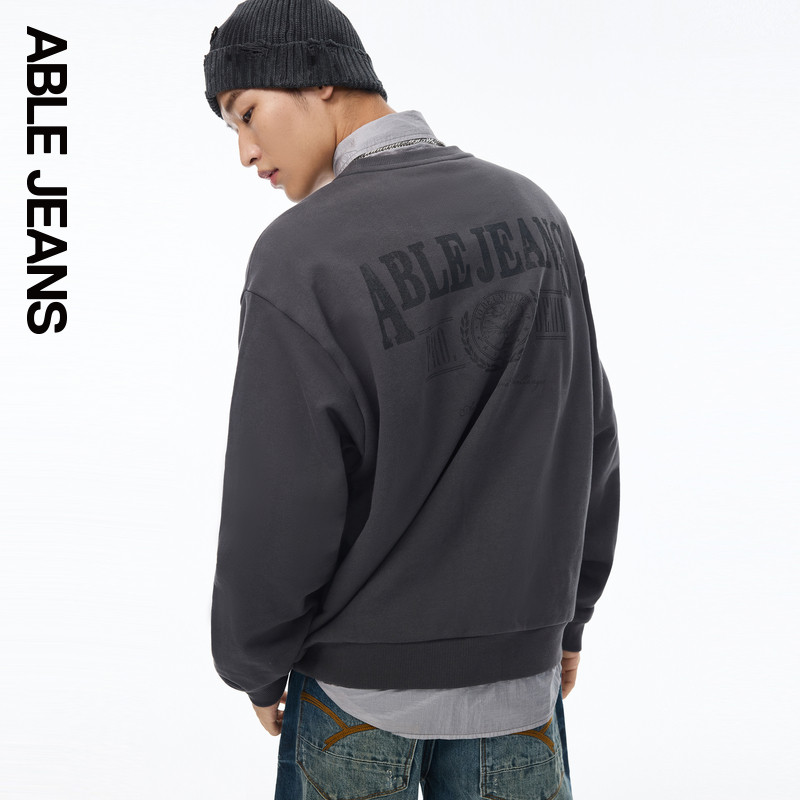 ABLE JEANS 男士新款美式复古字母印花圆领套头卫衣女时尚长袖