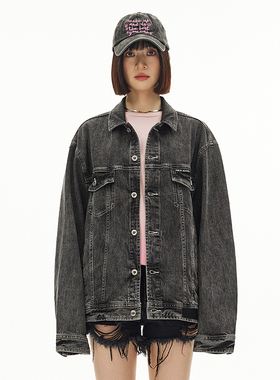 ABLE JEANS 秋冬新款女士街头潮流宽松复古洗水黑色牛仔夹克外套