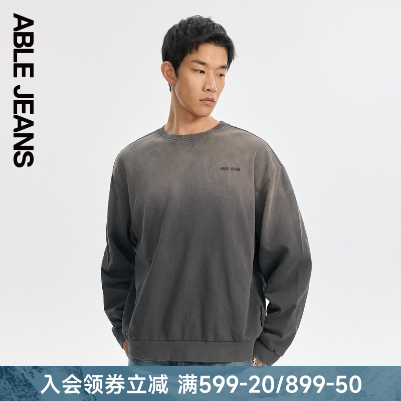 ABLE JEANS 男女同款春秋美式渐变复古水洗纯棉套头圆领卫衣
