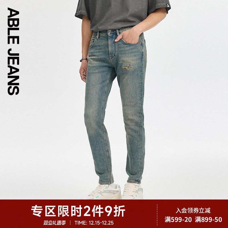 ABLE JEANS【修身裤】新款男士经典水洗破洞修身弹力小脚牛