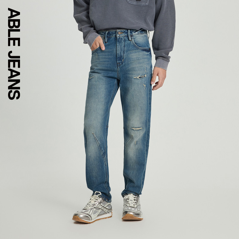 ABLE JEANS【立体锥形裤】男士秋冬修身破洞牛仔裤潮流休闲裤