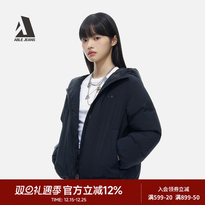ABLE JEANS女士黑色外套冬季新款连帽鸭绒短款羽绒服972031