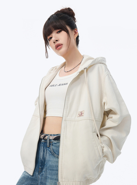 ABLE JEANS 女士春秋款白色宽松连帽工装夹克休闲运动开衫外套