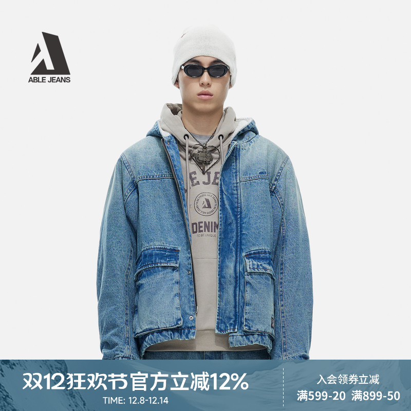 ABLE JEANS 冬季新款男士厚款防寒工装滑板连帽牛仔棉服棉衣外套