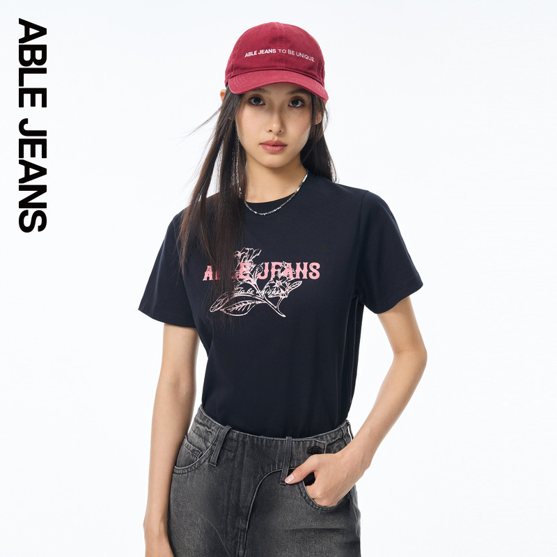 ABLE JEANS新款植物研究院系列女士美式复古短款T恤