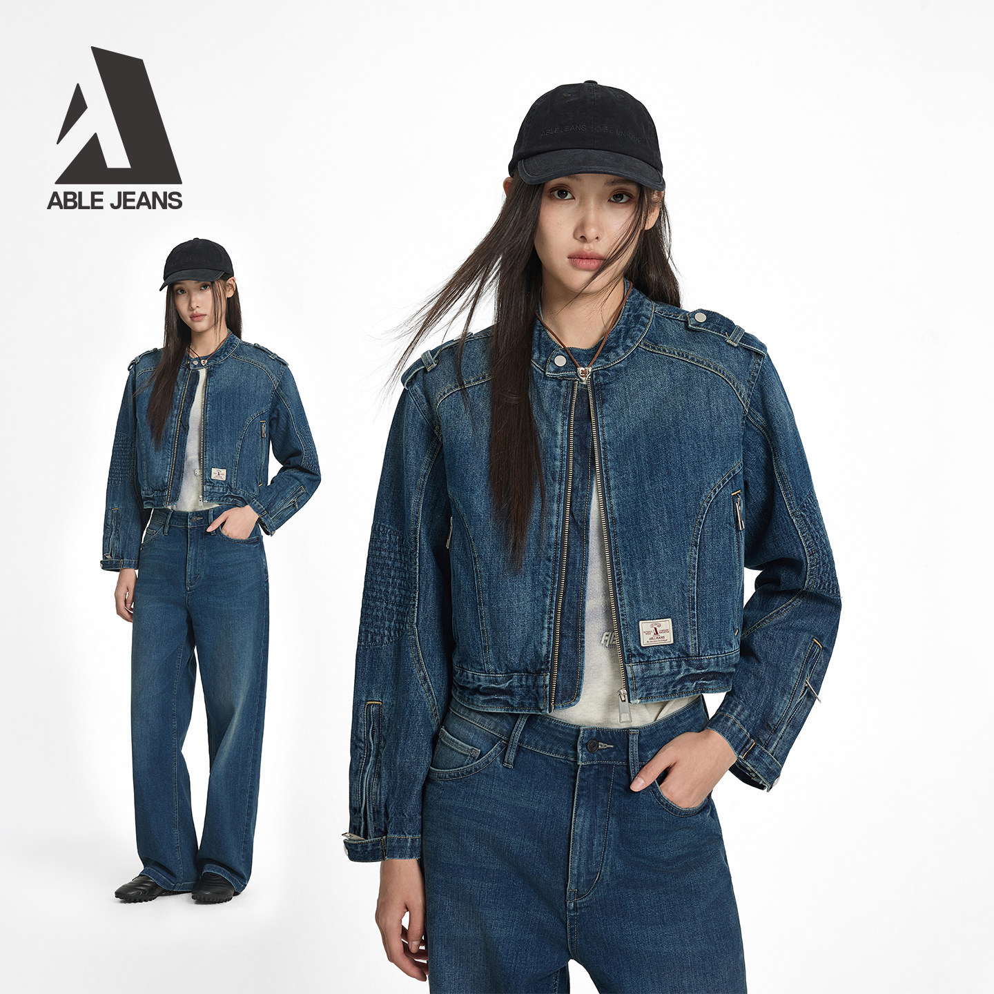 ABLE JEANS女士秋冬短款牛仔夹克美式复古潮流辣妹机车外套街头风