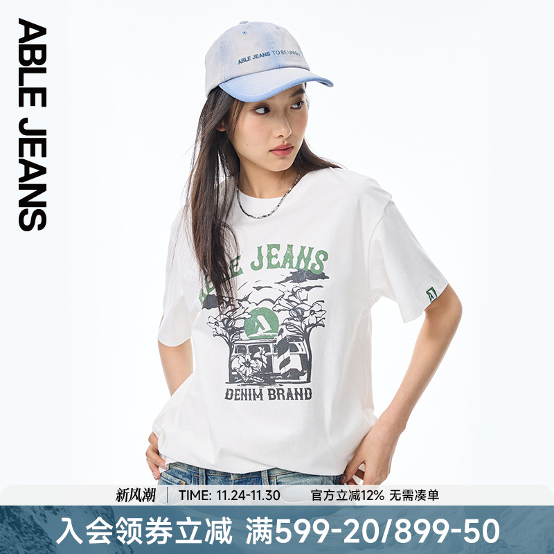 ABLE JEANS 新款植物研究院系列女士美式复古印花短袖T恤