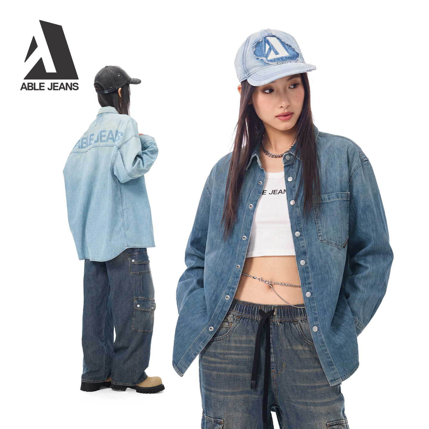ABLE JEANS【街头大衬衫】女士秋冬渐变牛仔衬衫复古街头潮流外套