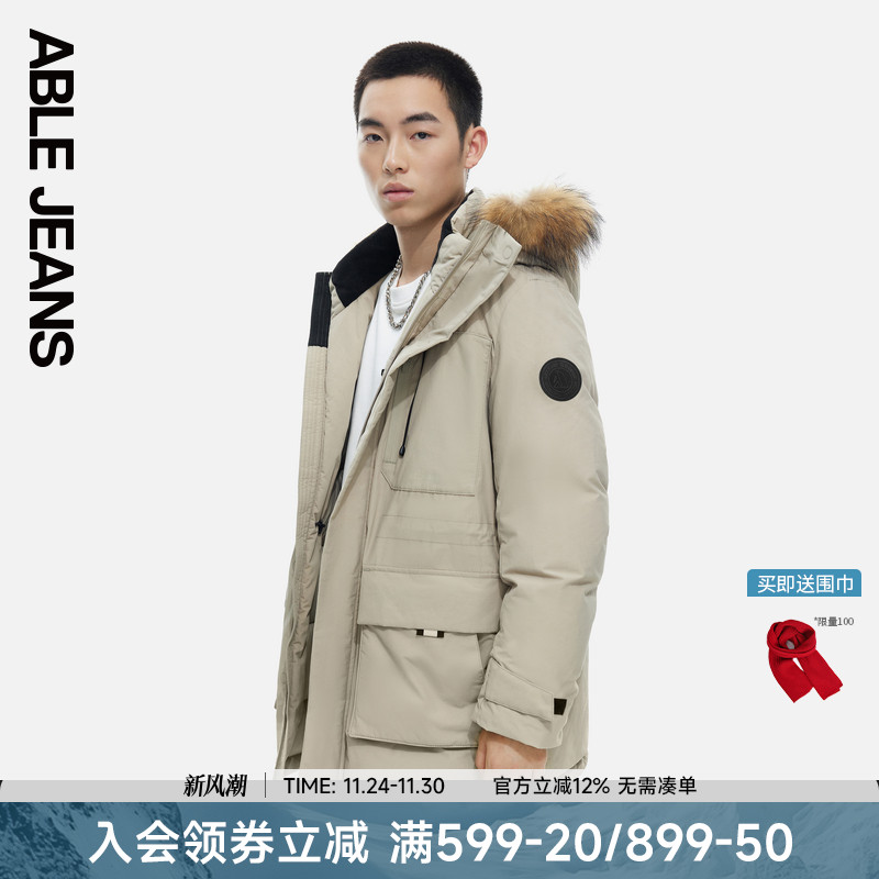 ABLE JEANS 冬季男士中长羽绒服极寒高充绒保暖连帽毛领工装外套