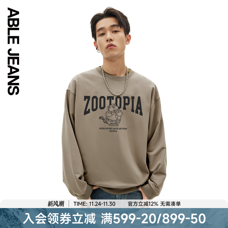 ABLE JEANS 新款冬季款男士复古印花圆领套头卫衣
