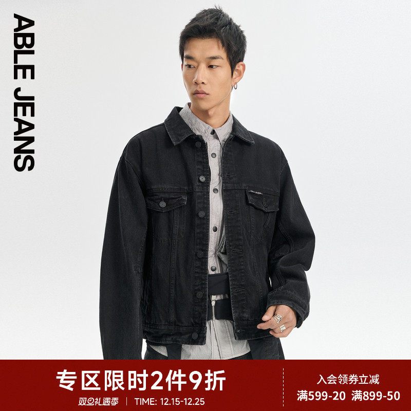 ABLE JEANS【卡车司机夹克】春秋款男士黑色牛仔外套水洗翻
