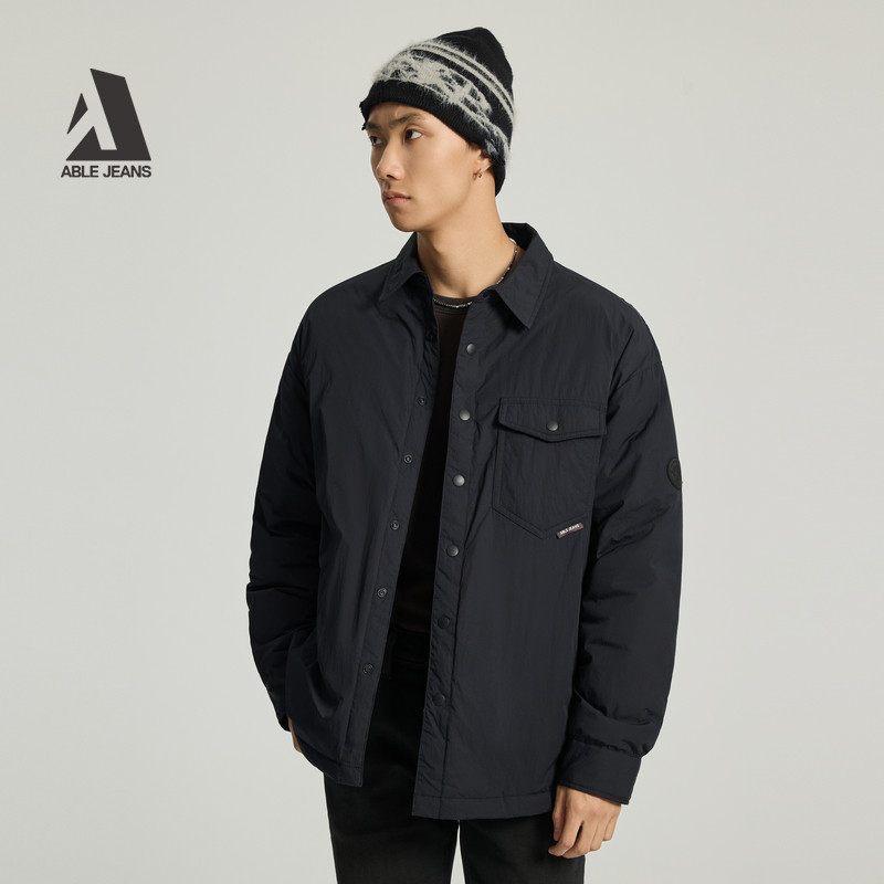 ABLE JEANS冬季新款男士轻薄羽绒服短款衬衫式保暖防寒夹克外套