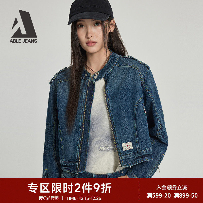 ABLE JEANS 2025秋冬女士摩登宽松洗水短款机车夹克牛