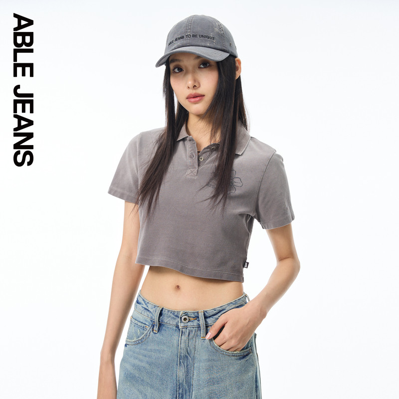 ABLE JEANS夏季新款女士美式复古水洗短款翻领短袖POLO衫