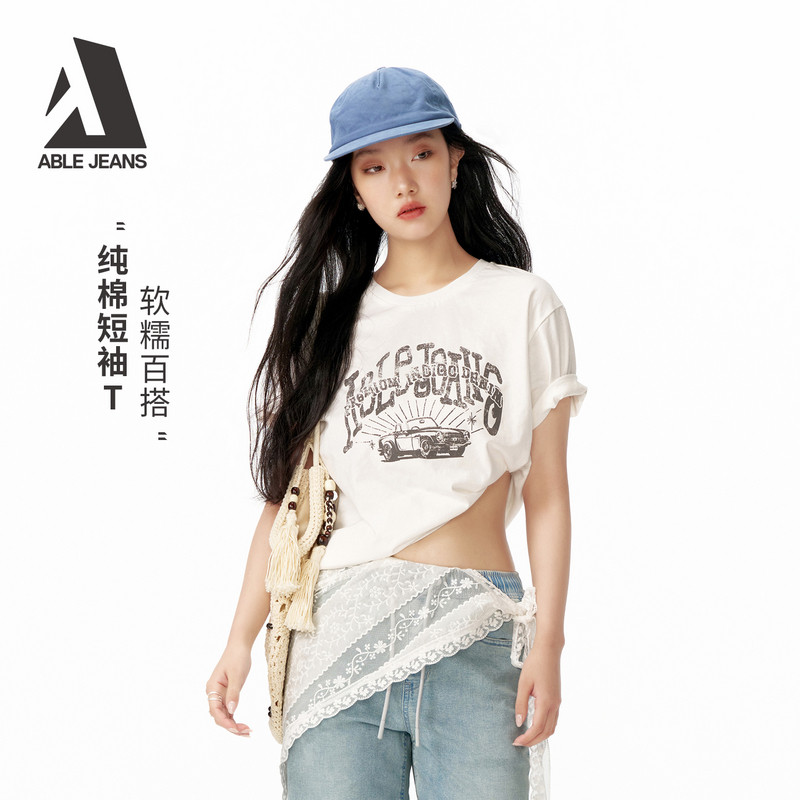 ABLEJEANS2026夏季女士纯棉新款休闲风简约百搭短袖T恤