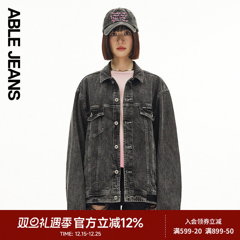ABLE JEANS 秋冬新款女士街头潮流宽松复古洗水黑色牛仔夹