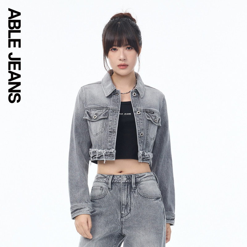 ABLE JEANS 女士春秋款复古做旧正肩短款机车夹克休闲牛仔外套