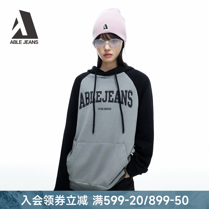 ABLE JEANS 2025冬季新款女士美式复古字母印花宽松连帽卫衣