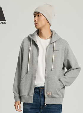 ABLE JEANS 2025秋冬款男士休闲宽松连帽抽绳外套灰色开衫卫衣