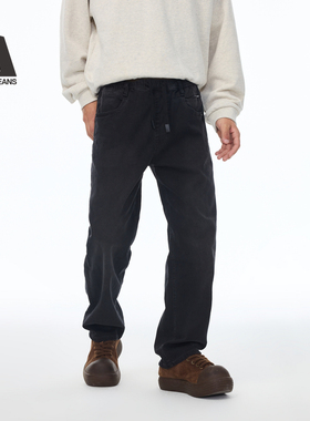 ABLE JEANS【宽松直筒运动裤】男士秋冬款黑色松紧腰休闲牛仔长裤