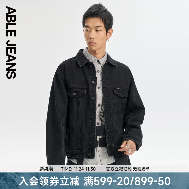 ABLE JEANS【卡车司机夹克】春秋款男士黑色牛仔外套水洗翻领夹克