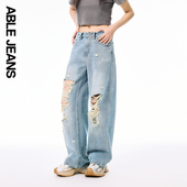 JEANS 拖地裤 女士复古水洗潮流宽松直筒破洞牛仔裤 ABLE 乞丐裤