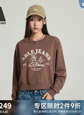 ABLE JEANS 春季新款女士短款卫衣美式复古字母印花圆领上衣