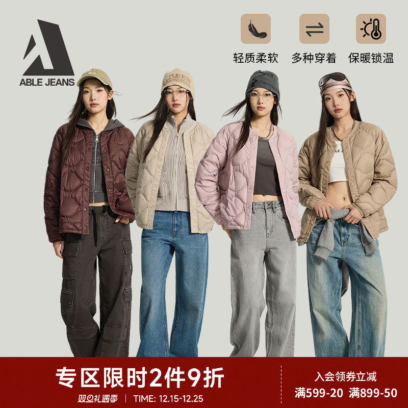 ABLE JEANS冬季新款棒球领衍缝轻薄羽绒服外套休闲百搭男女