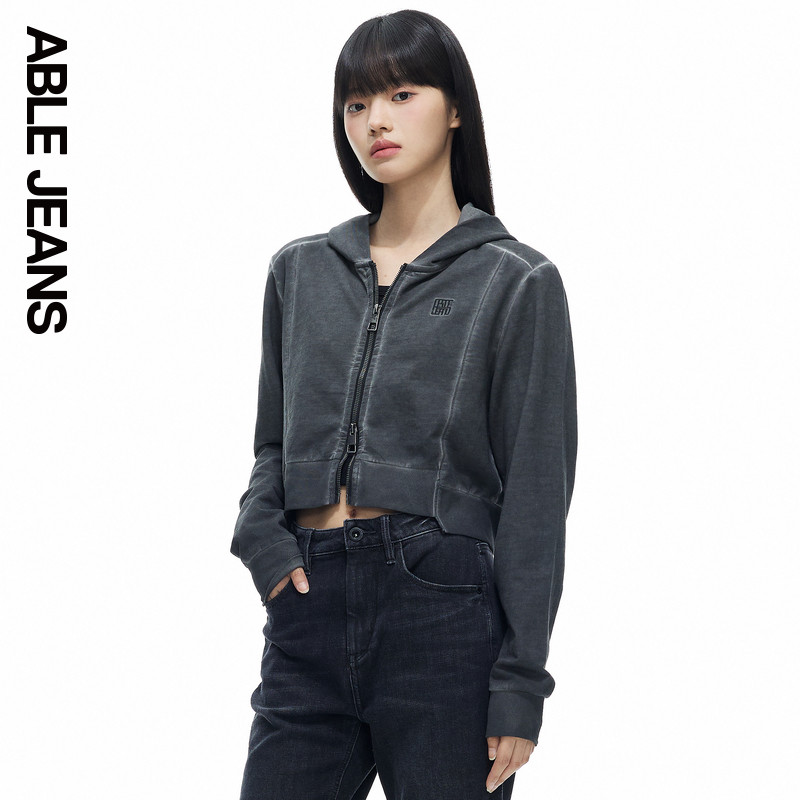 ABLE JEANS春秋新款女士新中式解构水洗连帽拉链短款卫衣宽松外套,女装/女士精品,卫衣/绒衫,淘宝优惠券,粉丝福利购,淘宝优惠卷