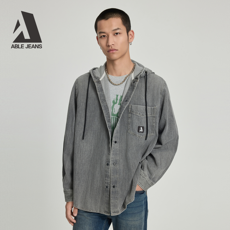 ABLE JEANS 25秋新款男士都市舒适薄款牛仔长袖连帽派克衬衫