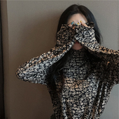 女秋冬装 碎花高领打底衫 新款 内搭t恤长袖 上衣 大码 修身 胖妹妹法式