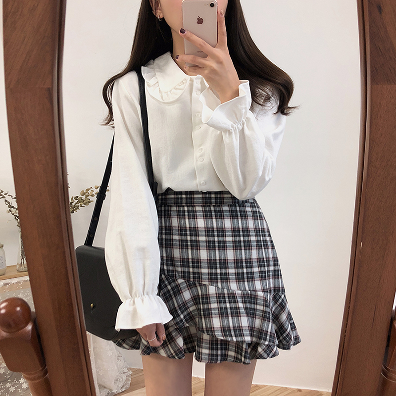 jk胖mm木耳边春秋新款喇叭衬衣