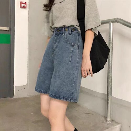 牛仔五分裤女阔腿中裤子港味复古