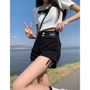 大码胖MM黑色抽绳绑带牛仔短裤女夏季高腰设计感小众显瘦辣妹热裤
