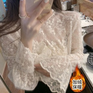 胖mm网纱内搭显瘦喇叭长袖 大码 保暖上衣 女秋冬韩版 加绒蕾丝打底衫