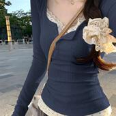 T恤女秋冬新款 大码 胖mm打底衫 芭蕾风假两件长袖 内搭显瘦修身 上衣