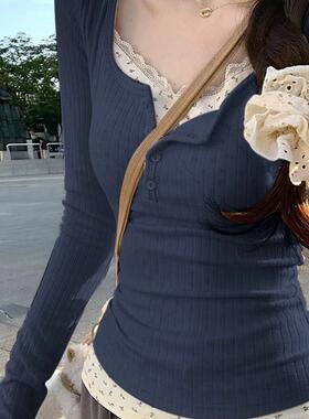 芭蕾风假两件长袖T恤女秋冬新款大码胖mm打底衫内搭显瘦修身上衣