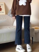 烟管显瘦加绒加厚直筒裤 胖妹妹春秋冬新款 子 女大码 微喇开叉牛仔裤