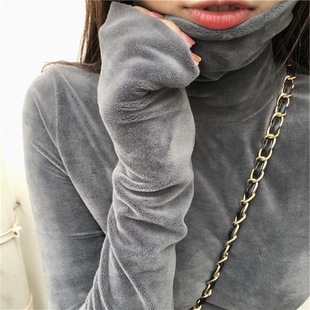 大码金丝绒堆堆领长袖T恤女秋冬新款加绒内搭高领保暖打底衫上衣