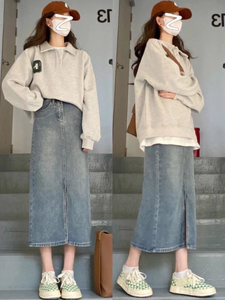 梨形身材复古蓝开叉牛仔半身裙女春秋季大码胖mm显瘦遮胯a字裙子