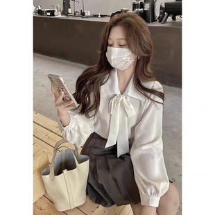 小香风领结衬衫女秋冬新款大码微胖西装内搭气质名媛长袖上衣衬衣