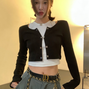 上衣潮 大码 胖妹妹黑色高腰针织开衫 女春秋新款 设计感性感镂空长袖