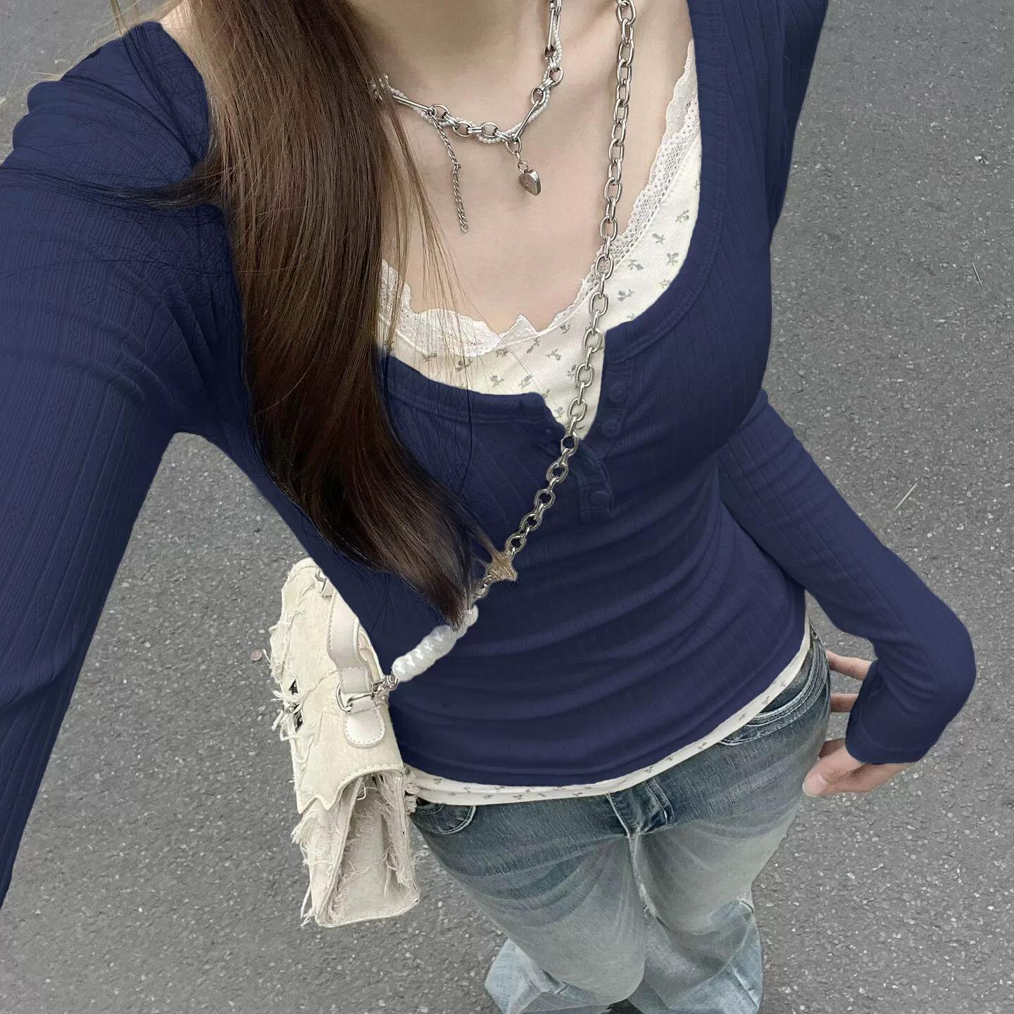 大码法式蕾丝碎花假两件打底衫上衣女春秋设计感修身显瘦长袖t恤