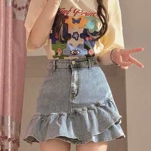 大码胖mm复古荷叶边牛仔短裙女夏季新款不规则高腰显瘦修身半身裙
