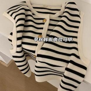 大码 针织马甲女春秋冬复古毛衣马夹叠穿外套 胖妹妹温柔风条纹无袖