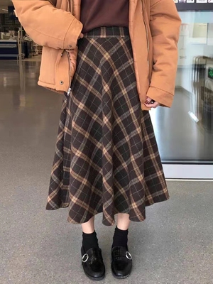 中长款a字裙大码毛呢格子半身裙