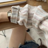 防晒外套女复古条纹衬衣宽松显瘦上衣夏 衬衫 大码 胖妹妹慵懒风长袖